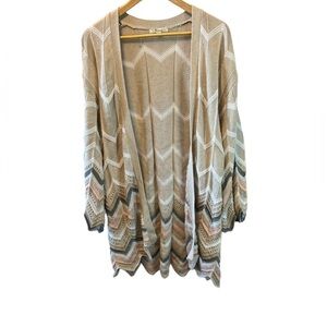 89th+MADISON Tan Chevron Print Crochet Knit Loose Sleeve Open Cardigan Sweater M